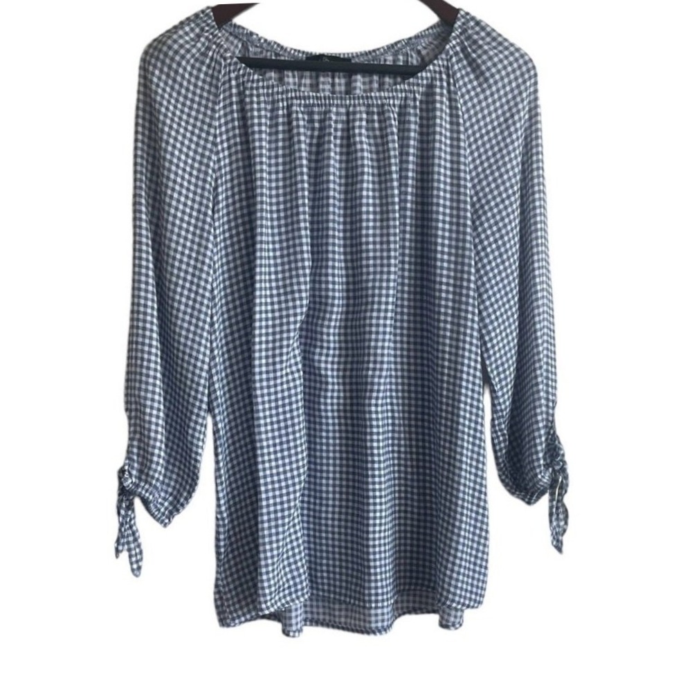 Fred David Women Coastal Cottage Picnic Gingham Top‎ XL Blue Gingham Tie Sleeve
